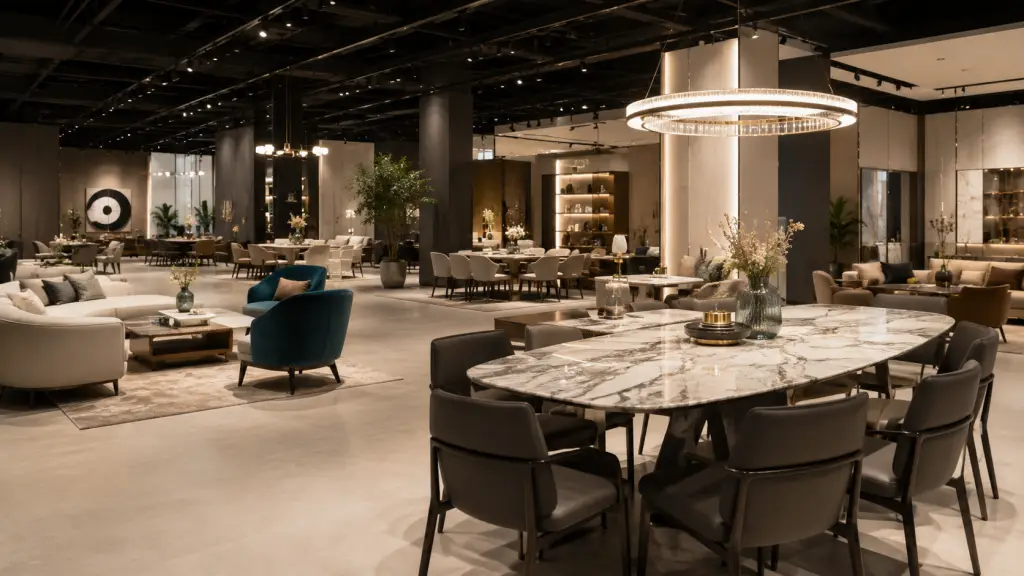 Vast luxury furniture showroom, showcasing various interior styles.