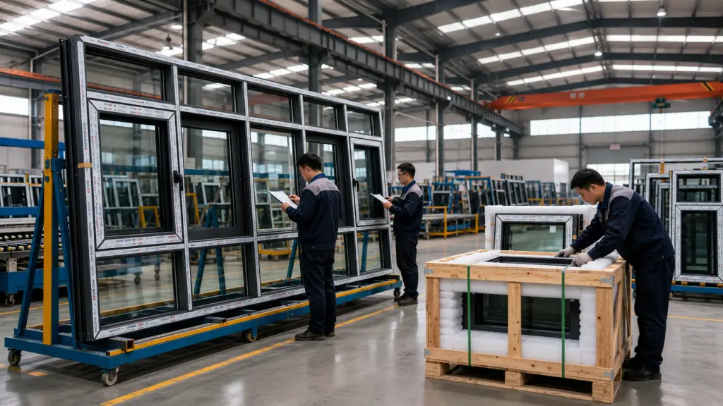 Quality control inspection of custom windows at factory before international shipping.