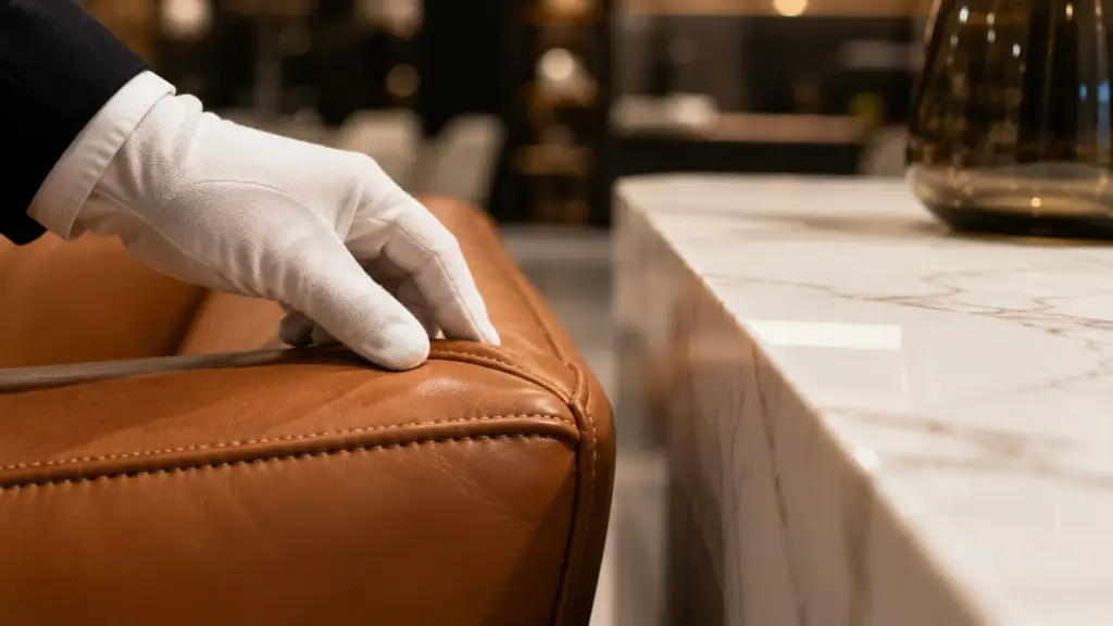 Close-up of high-quality leather stitching and marble textures for custom luxury furniture.