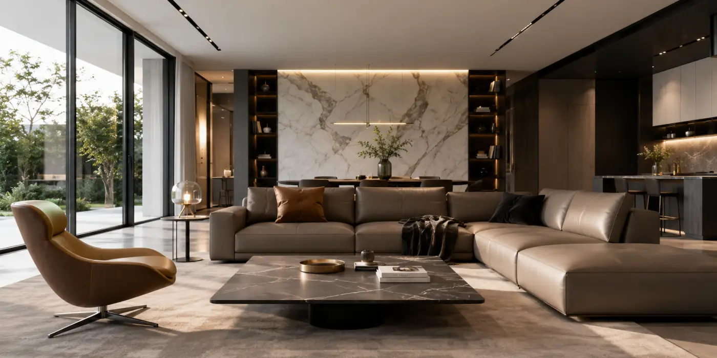 High-end modern living room with luxury sofa and furniture designed in Foshan, China.