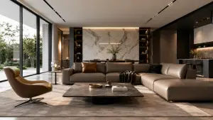 High-end modern living room with luxury sofa and furniture designed in Foshan, China.