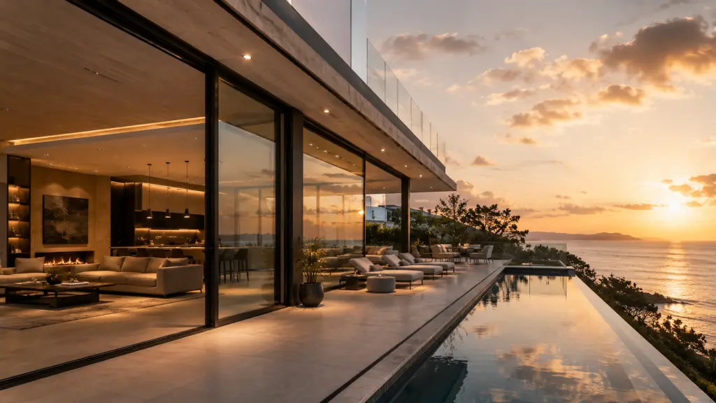 A modern luxury villa with large slim-frame aluminum windows and sliding glass doors imported from China.