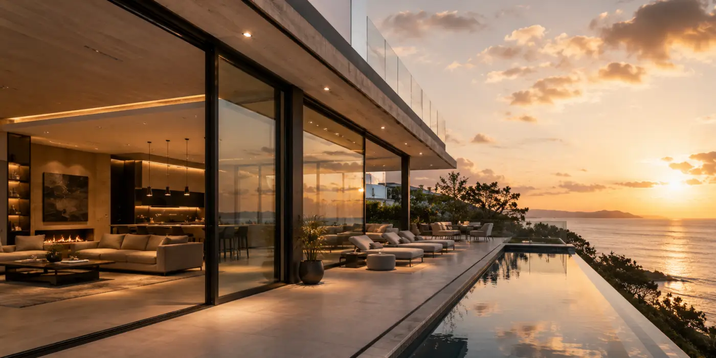 A modern luxury villa with large slim-frame aluminum windows and sliding glass doors imported from China.