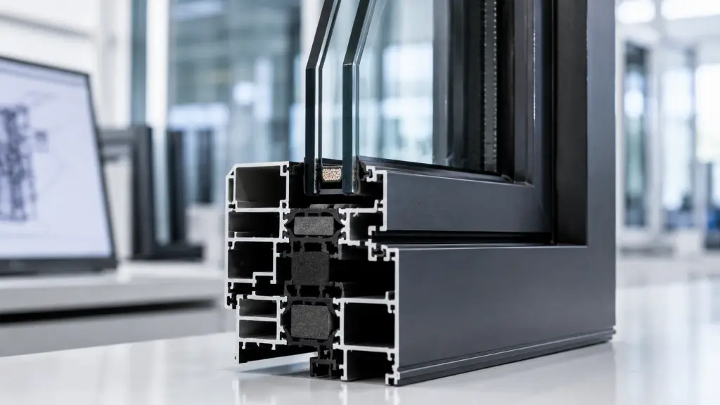 Technical close-up of a thermal break aluminum window profile with double glazing for energy efficiency.