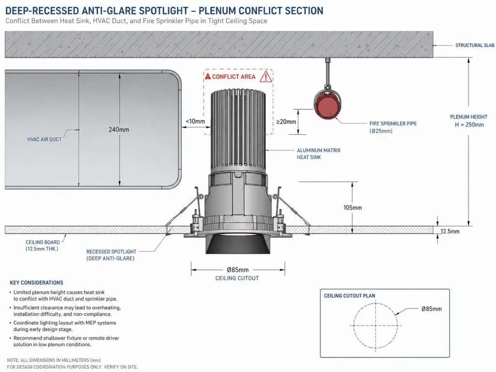A technical 2D architectural section drawing illustrating a physical spatial conflict where a deep-recessed spotlight's aluminum heat sink clashes with an overhead HVAC duct and a red fire sprinkler pipe.