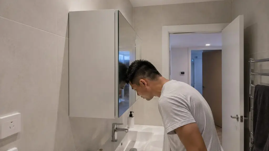 overly deep bathroom mirror cabinet reducing safe head clearance above vanity