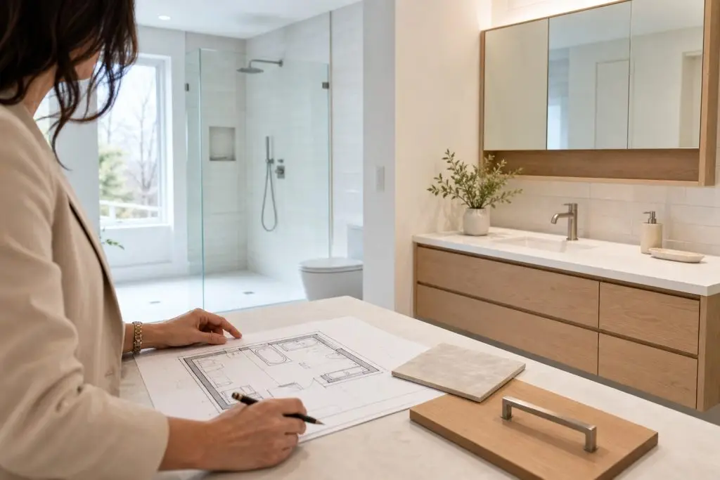 bathroom renovation plan showing vanity plumbing and shower drainage