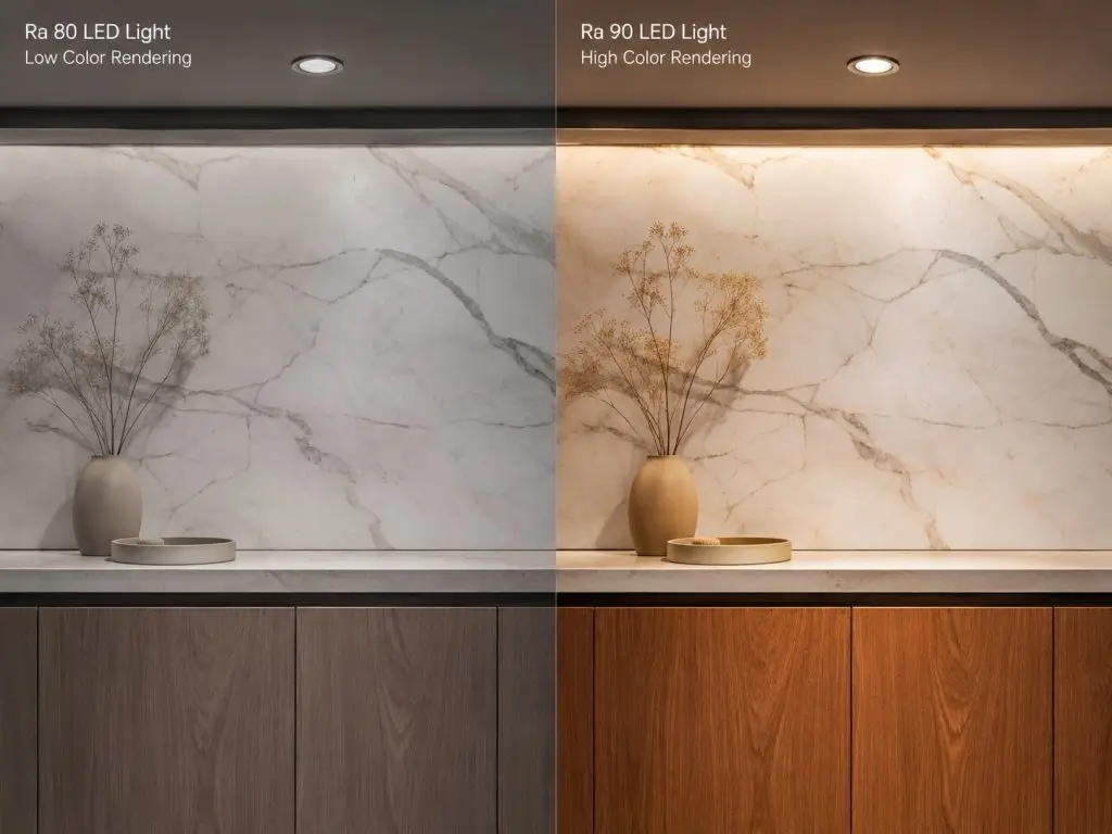 A split-screen photographic comparison of premium marble and wood surfaces under a standard Ra 80 LED light showing a gray cast versus a high CRI Ra 90 LED chip revealing true-to-life vibrant colors.