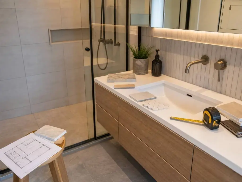 bathroom renovation planning with wall-mounted vanity and shower enclosure