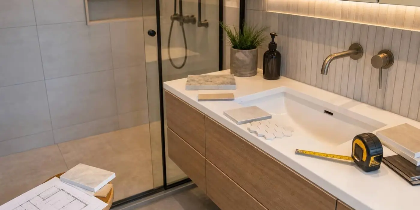bathroom renovation planning with wall-mounted vanity and shower enclosure