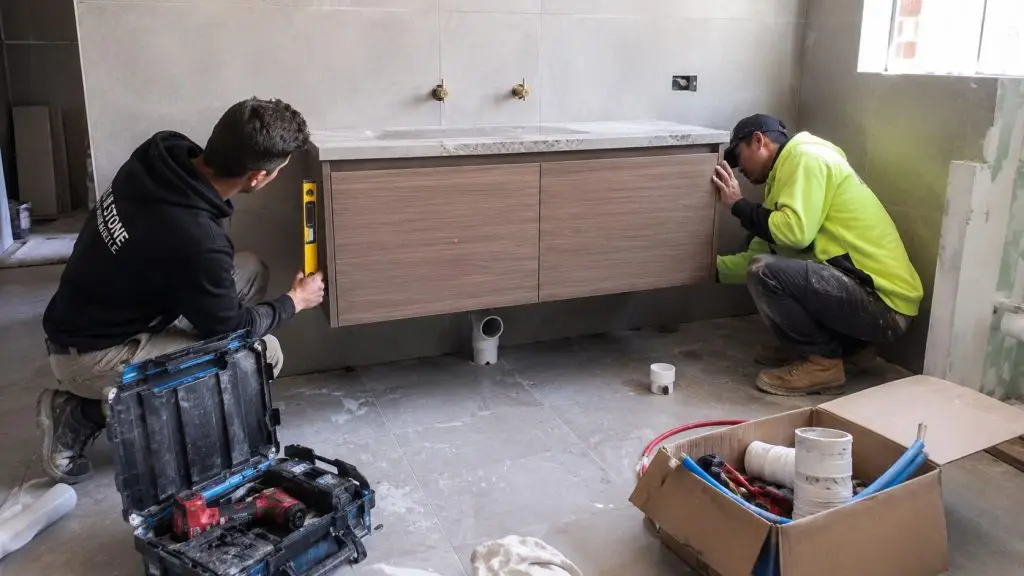 wall-mounted bathroom vanity installation conflict caused by exposed floor drain plumbing