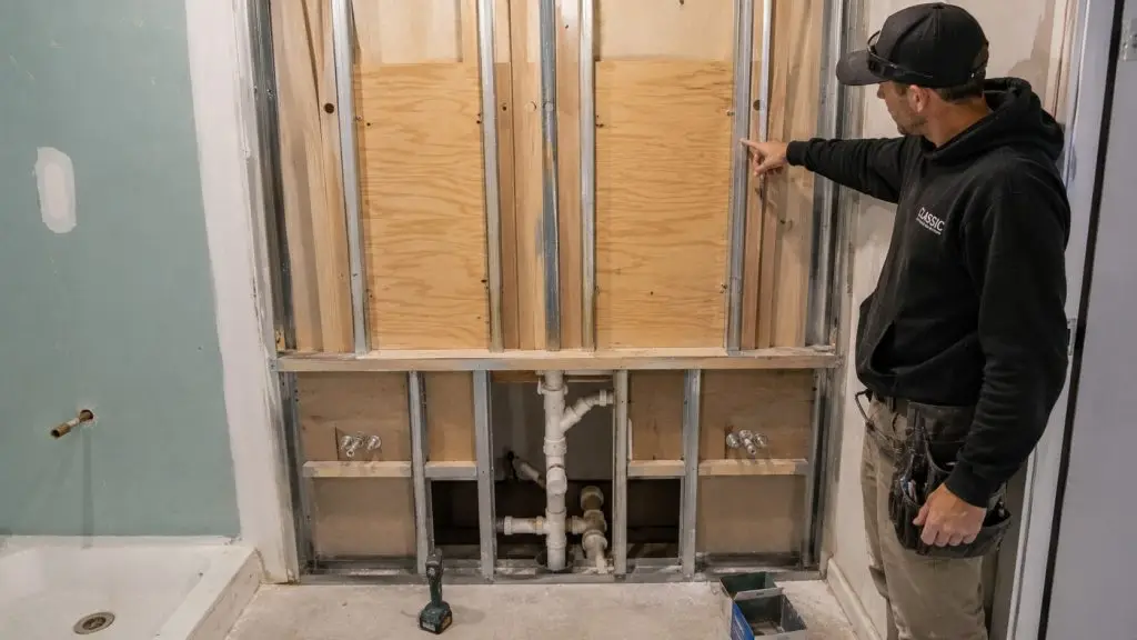 wall reinforcement backing installed for floating bathroom vanity support
