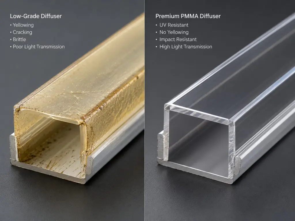 A side-by-side close-up product photograph displaying a yellowed, cracked low-grade plastic LED diffuser on the left and a crystal-clear premium PMMA acrylic diffuser on the right after heat exposure.