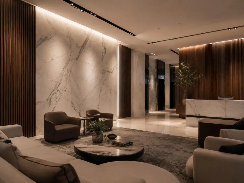 High-end architectural photography of a luxury modern commercial property lounge featuring multi-layered, glare-free recessed downlights and hidden linear LED strips illuminating premium marble walls and wood panels.