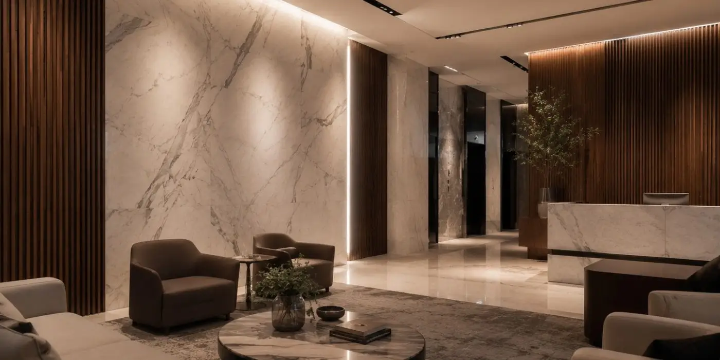 High-end architectural photography of a luxury modern commercial property lounge featuring multi-layered, glare-free recessed downlights and hidden linear LED strips illuminating premium marble walls and wood panels.