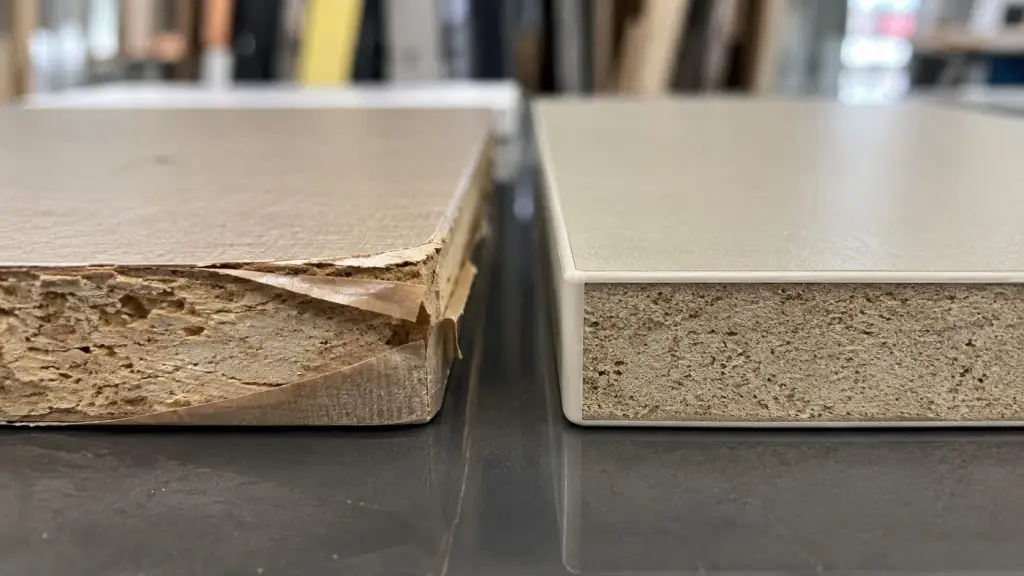 comparison between EVA edge banding failure and moisture-resistant PUR edge banding