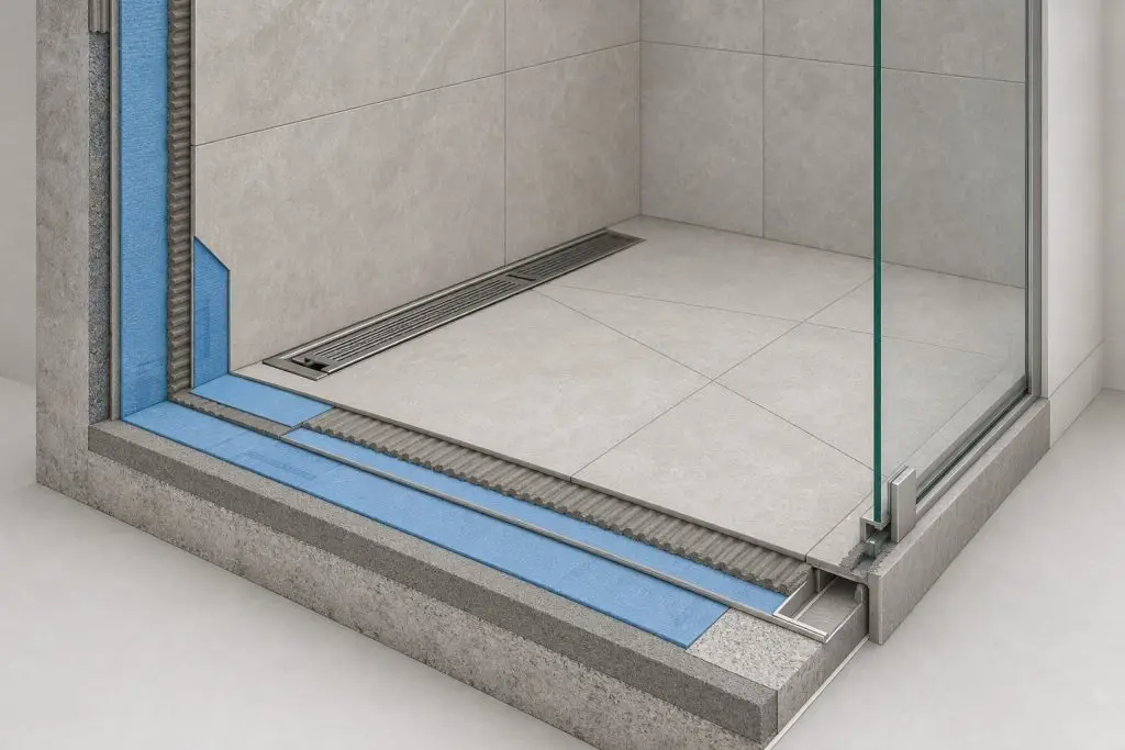 bathroom shower threshold and tiled floor drainage detail