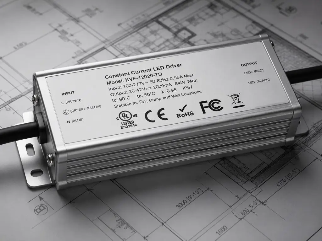 A close-up corporate shot of a professional isolated constant-current LED driver resting on an engineering blueprint, with a sharp focus on printed UL, CE, and RoHS compliance certification marks.