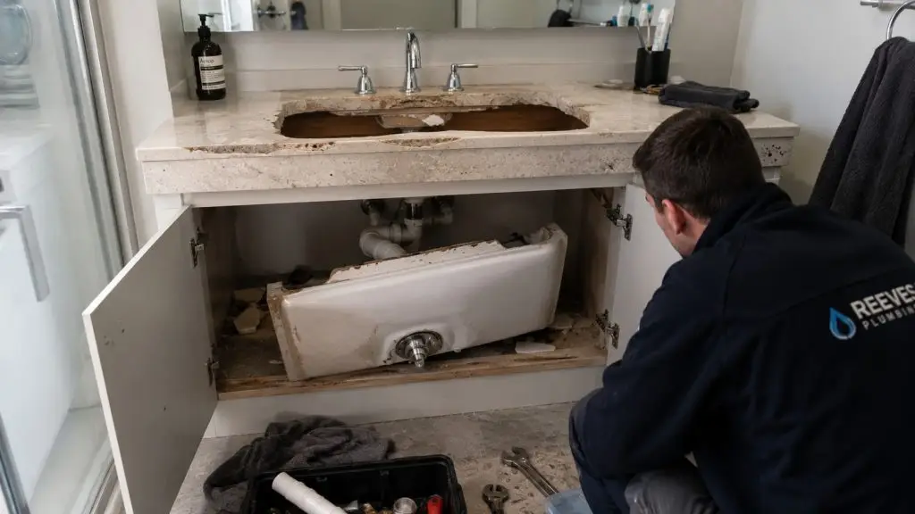 failed undermount sink installation with detached ceramic sink and cabinet water damage