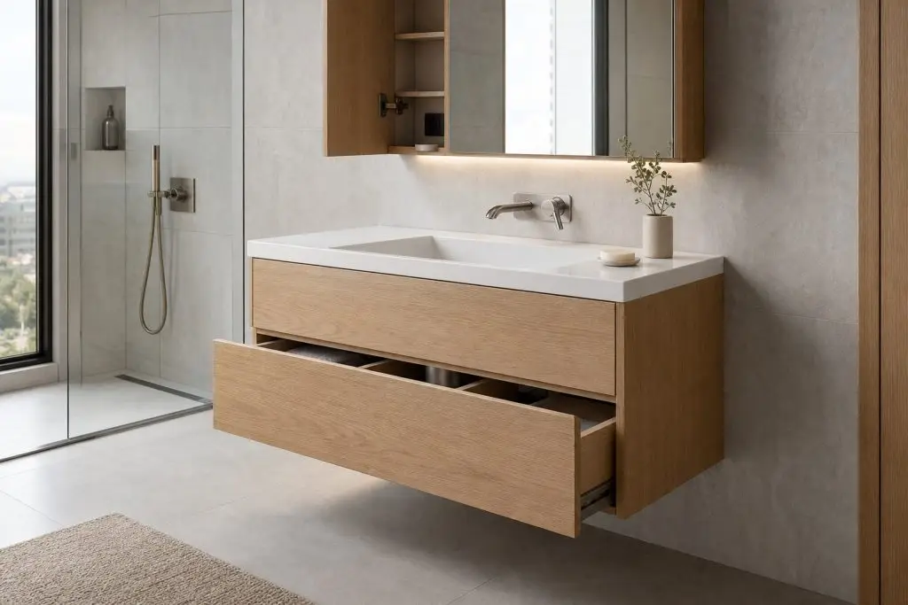 wall mounted custom bathroom vanity with concealed plumbing